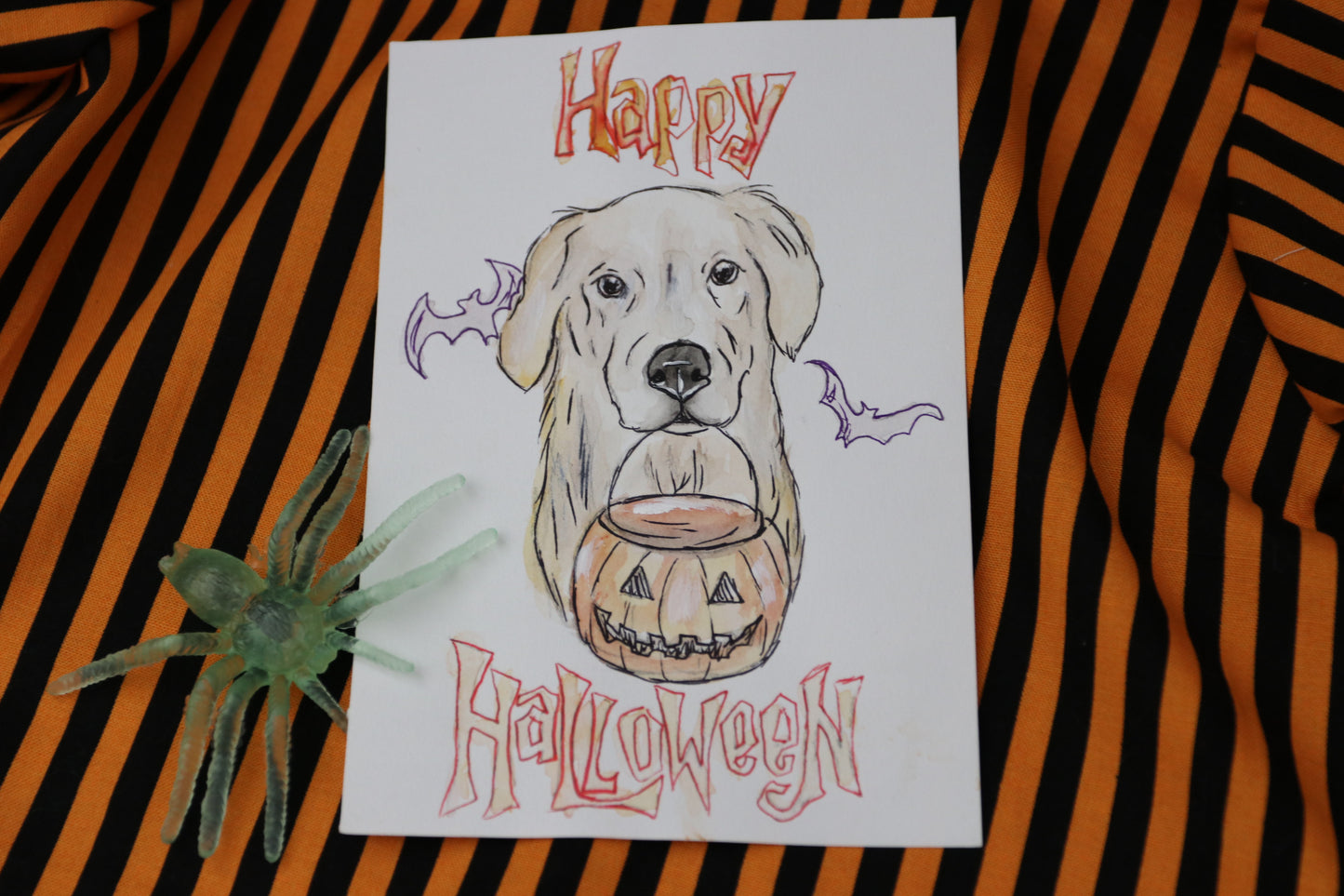 Mini Golden Halloween Watercolor Painting