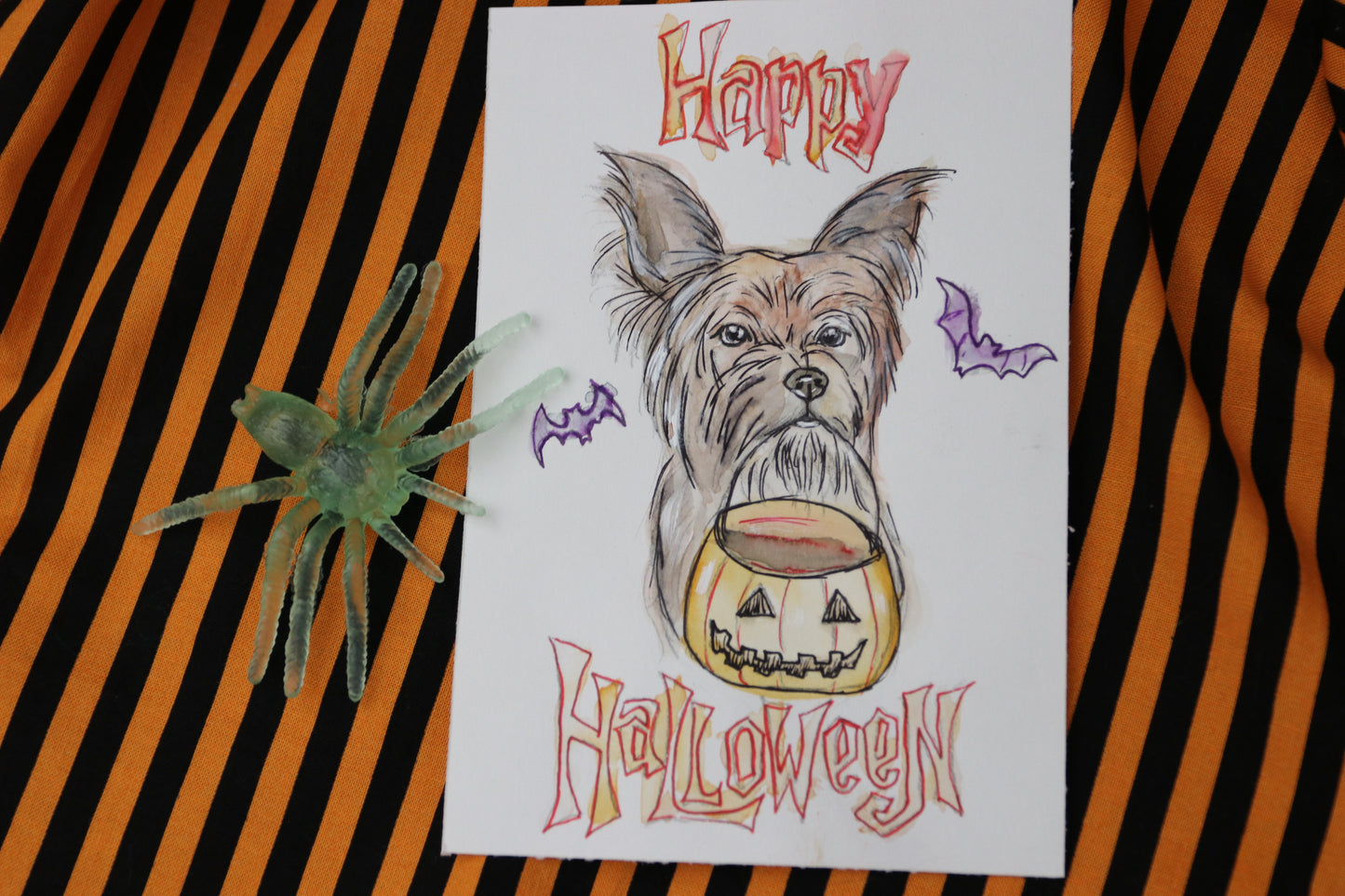 Mini Yorkie Halloween Watercolor Painting